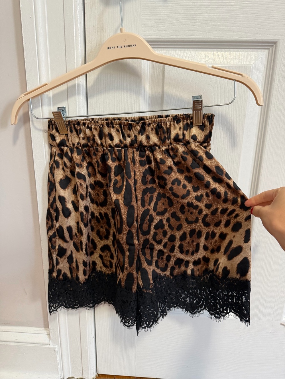 Dressed in LALA Leopard Print Satin Shorts with Black Lace Trim - Picture 2 of 6